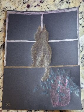 Charming Cat In Window  Drawing on Black Paper